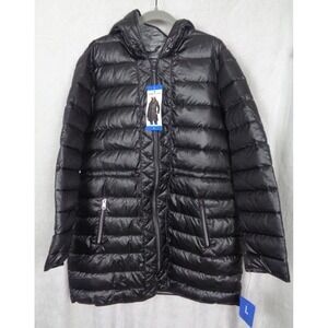 Kenneth Cole Womens Black Puffer Jacket Size Large Hooded Zip Front NWT